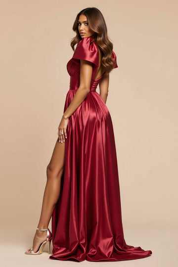 Dark Red A Line V-Neck Pleated Prom Dress with Short Sleeves